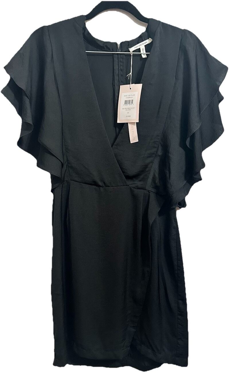 Avec Les Filles Women’s Black Faux Wrap Mini Dress Flutter Sleeves Medium $138